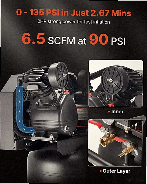 20 Gal Air Compressor 2HP Oil-Lubed 6.5 SCFM 135 PSI Portable 120V