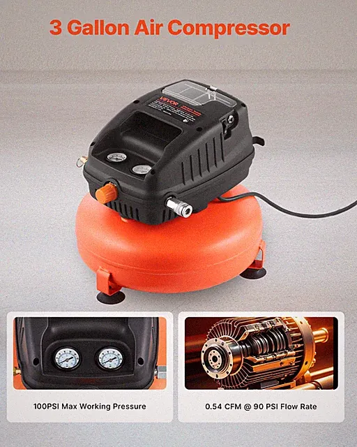 3 Gallon Air Compressor 1/3HP 0.54CFM@90PSI & 100PSI Max Working Pressure