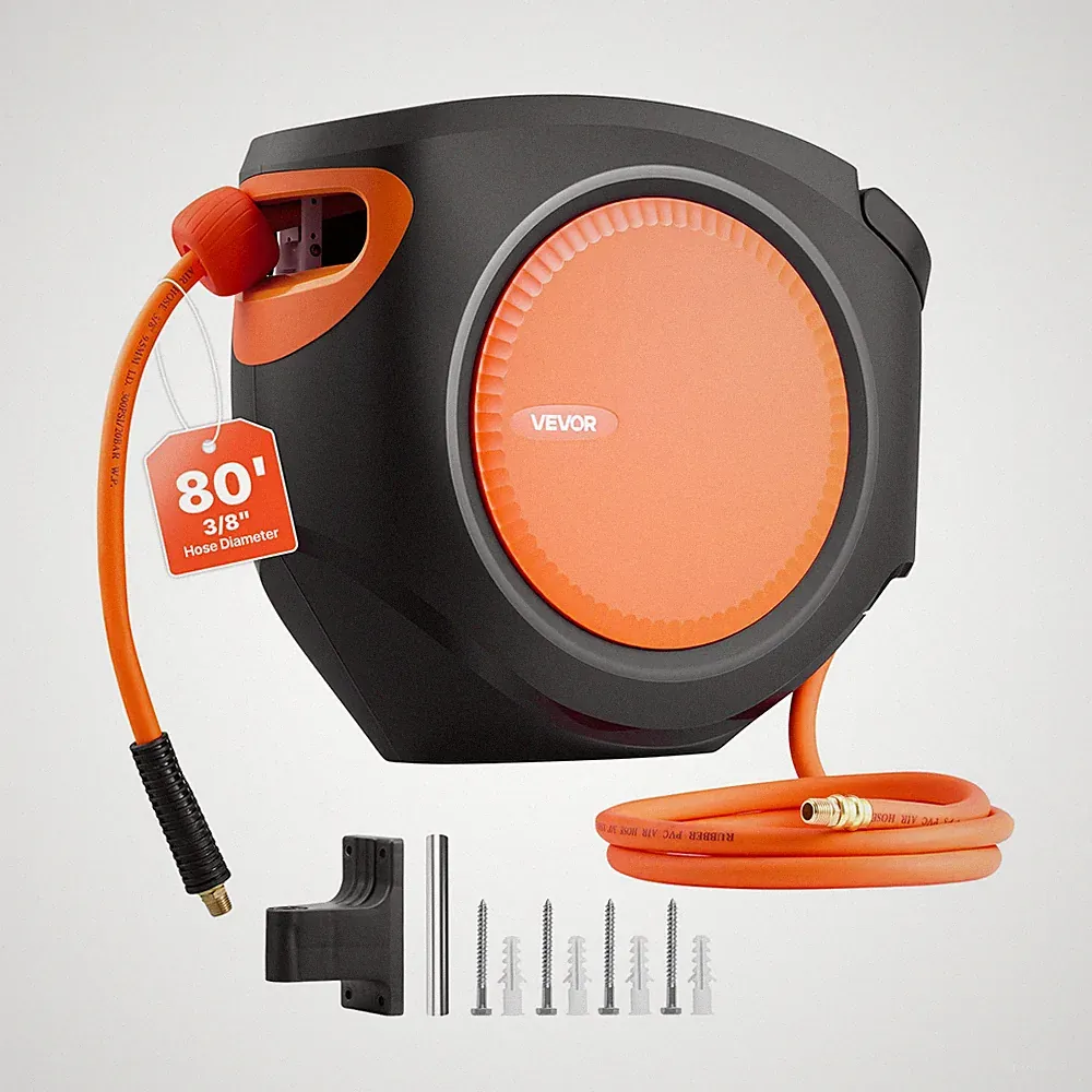 VEVOR Retractable Air Hose Reel 80 FT x 3/8 Inch Hybrid Air Hose Max 300PSI